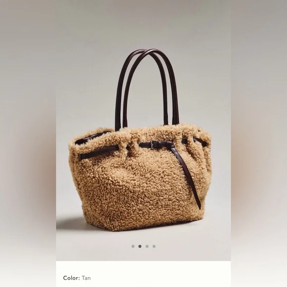 New Anthropologie Sherpa belted tote bag crossbody purse tan brown satchel - Picture 1 of 15